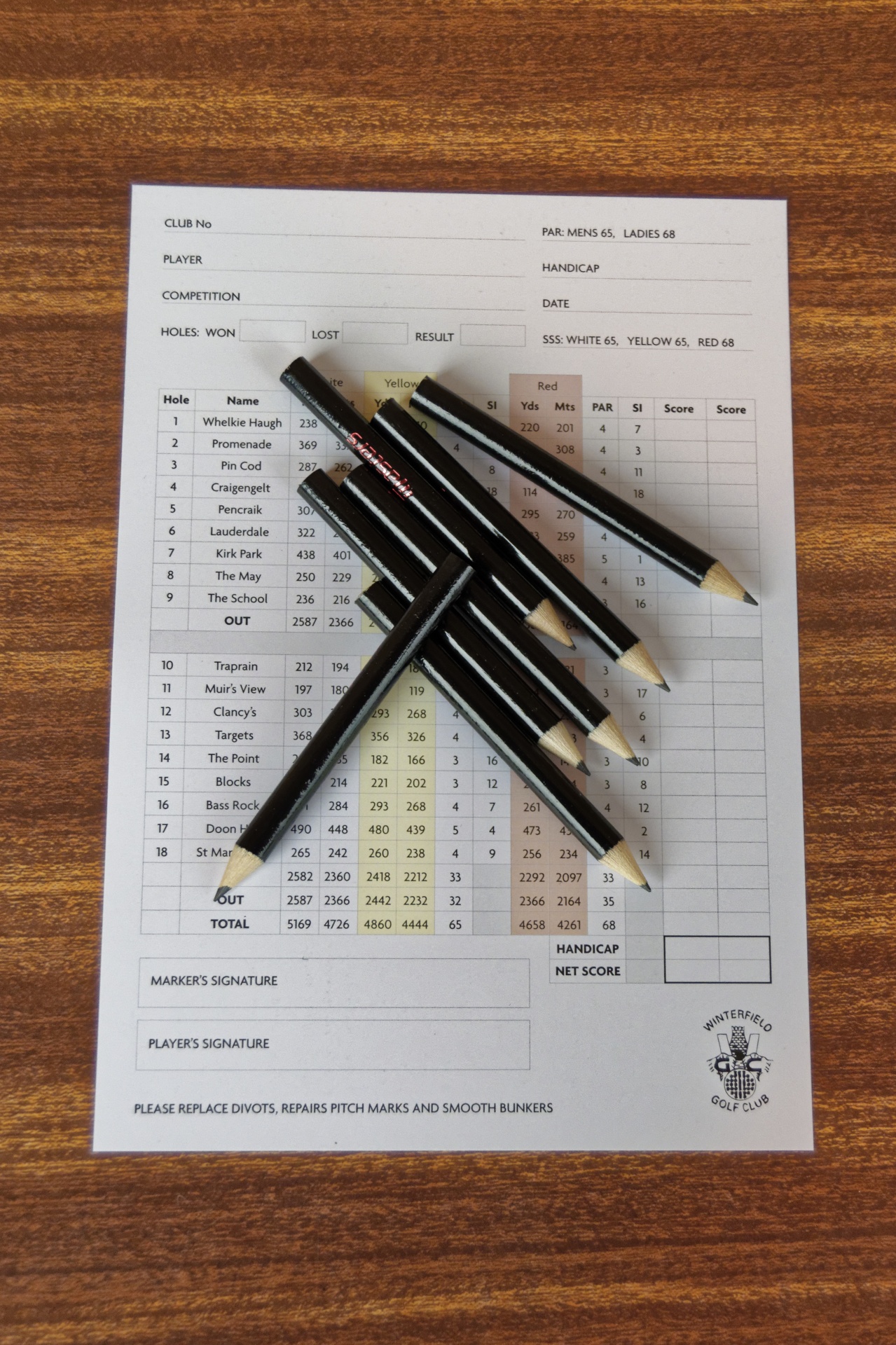 Golf scorecard and pencils, illustrative event stationery